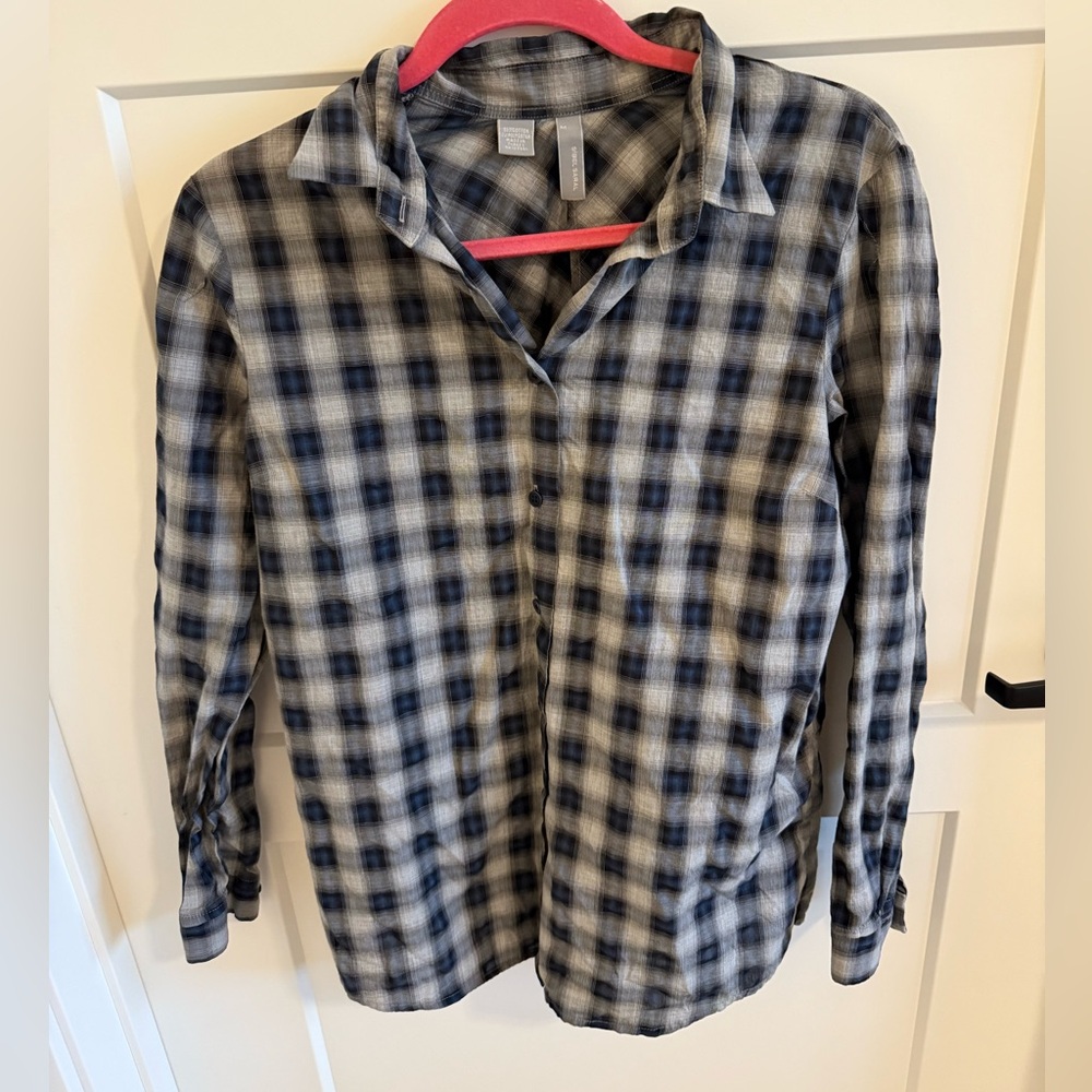 Sibel Saral Plaid Button Down Shirt Medium Gray Blue Asymmetrical Back